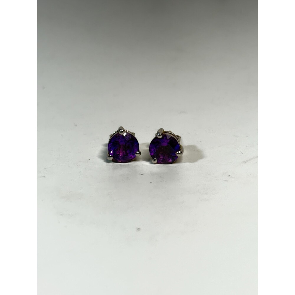 Sterling Silver Amethyst Stud Earrings Round Faceted Purple Gemstone - Picture 14 of 14